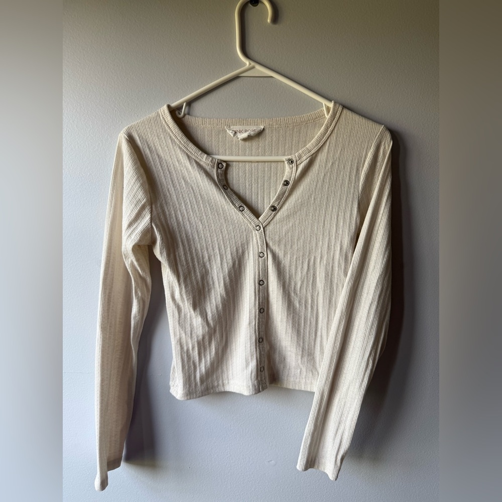 Pink Rose Cream Button-Up Ribbed Women's Top Size Small